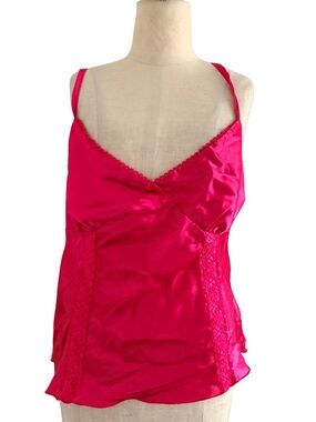 Vtg I. N. Studio  Womens Lace Satin Hot Pink‎ Babydoll Tank Top Cami Size XL Y2K
